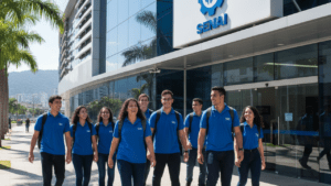 Fachada do SENAI no Rio de Janeiro com jovens chegando para cursos gratuitos do Firjan SENAI
