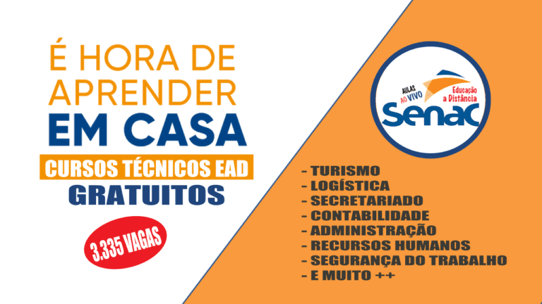 urso técnico de graça no Senac: Senac oferece 3,3 mil vagas em CURSOS TÉCNICOS EAD GRATUITOS em logística, RH, segurança do trabalho, administração, contabilidade, turismo, secretariado e mais