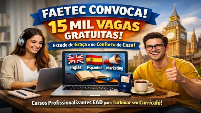 Garanta sua vaga na Faetec! São 15 mil oportunidades em cursos gratuitos a distância (EAD) para qualificação profissional em tecnologia, idiomas e administração. Inscrições abertas para quem tem ensino fundamental.