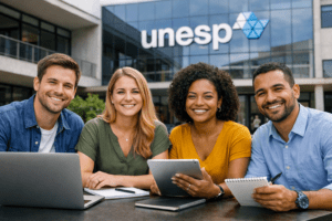 Grupo diverso de adultos sorrindo com notebooks e tablets em ambiente moderno de estudo, em frente a prédio universitário da Unesp, representando cursos gratuitos de especialização online com vagas abertas em 2026