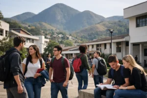 Estudantes circulando em área externa de instituição pública de ensino superior em Nova Friburgo, com prédios acadêmicos e clima serrano ao fundo.