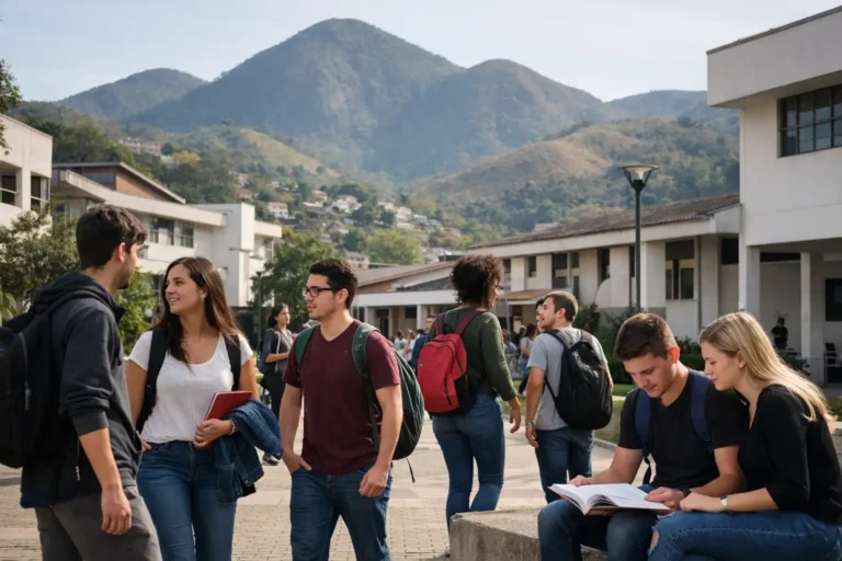 Estudantes circulando em área externa de instituição pública de ensino superior em Nova Friburgo, com prédios acadêmicos e clima serrano ao fundo.