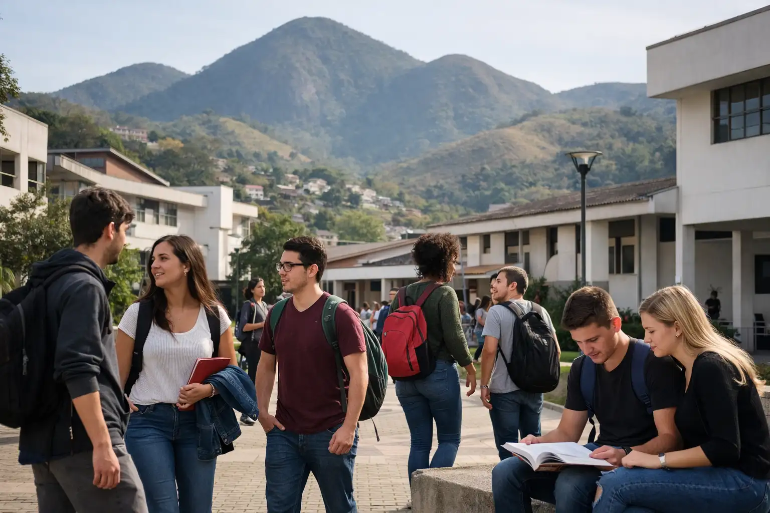 Estudantes circulando em área externa de instituição pública de ensino superior em Nova Friburgo, com prédios acadêmicos e clima serrano ao fundo.