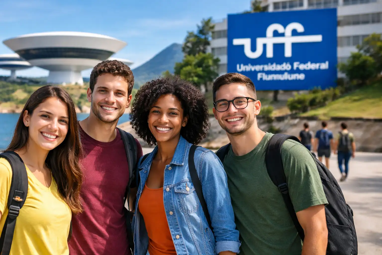 Estudantes em área externa de campus universitário público em Niterói durante a rotina acadêmica.