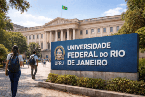 Placa da UFRJ em primeiro plano diante de prédio universitário com estudantes circulando, representando o acesso às universidades públicas no Rio de Janeiro.