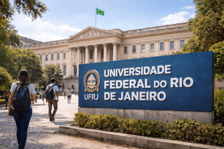 Placa da UFRJ em primeiro plano diante de prédio universitário com estudantes circulando, representando o acesso às universidades públicas no Rio de Janeiro.