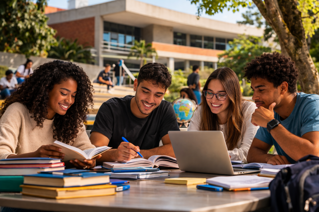 Estudantes reunidos em mesa de estudo ao ar livre em campus universitário, com livros, cadernos e notebook em ambiente acadêmico amplo e neutro.