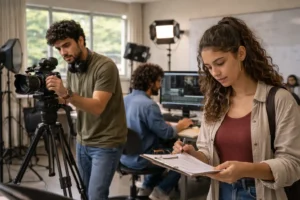 Estudantes em ambiente universitário público de cinema e audiovisual, representando formação superior na área no Rio de Janeiro.