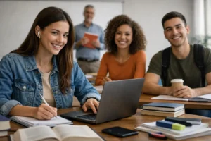 Estudantes sorrindo em ambiente acadêmico com notebook e materiais de estudo, representando curso de graduação semipresencial