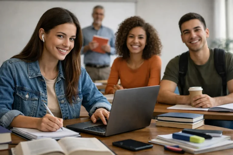 Estudantes sorrindo em ambiente acadêmico com notebook e materiais de estudo, representando curso de graduação semipresencial