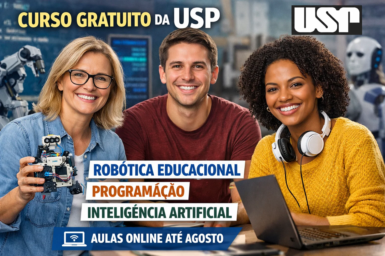 Curso gratuito da USP ensina robótica educacional, programação e inteligência artificial para professores da rede pública e universitários com aulas online até agosto