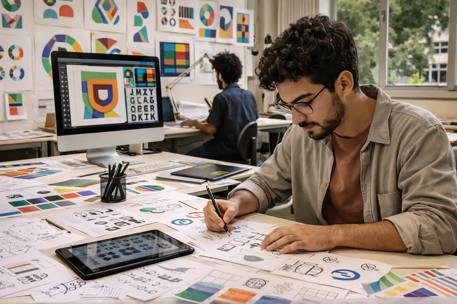 Estudante em ambiente universitário público de design, representando formação superior ligada ao design gráfico no Rio de Janeiro.