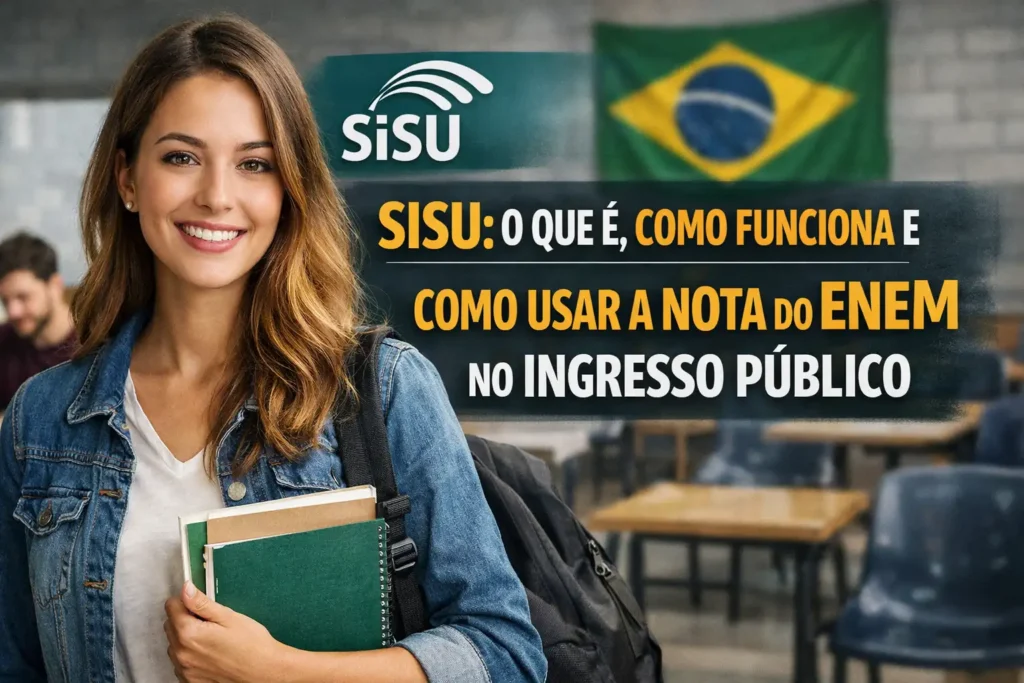 Estudante consultando inscrição ou resultado em notebook, representando o funcionamento do Sisu no acesso ao ensino superior público.