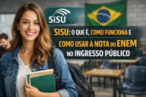 Estudante consultando inscrição ou resultado em notebook, representando o funcionamento do Sisu no acesso ao ensino superior público.