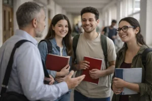 Estudantes em ambiente universitário presencial participando da rotina acadêmica.