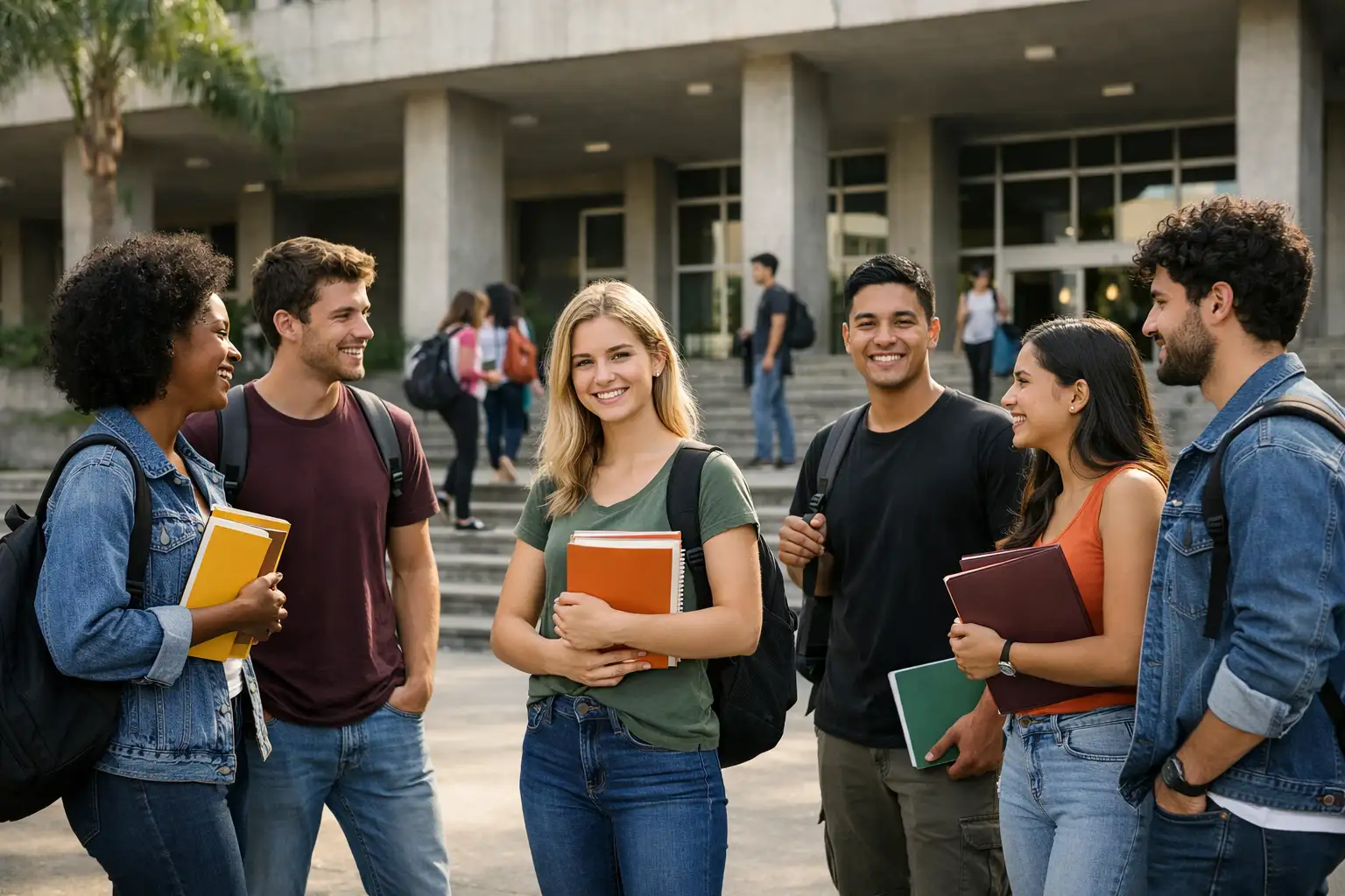 Estudantes chegando a um campus público de ensino superior em cena editorial sobre faculdade pública
