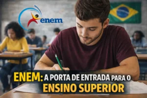 Estudante concentrado em prova e redação em ambiente acadêmico, representando o Enem como porta de entrada para o ensino superior.