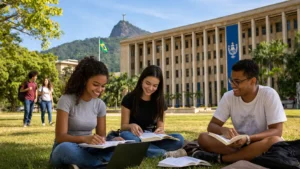 Estudantes sorrindo e estudando em área aberta de campus universitário no Rio de Janeiro, com livros, notebook e prédio institucional ao fundo.