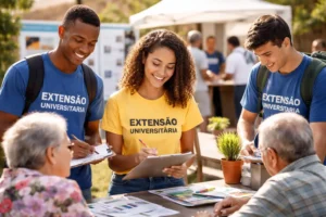 Estudantes universitários participam de ação de extensão com atendimento à comunidade em atividade ao ar livre.