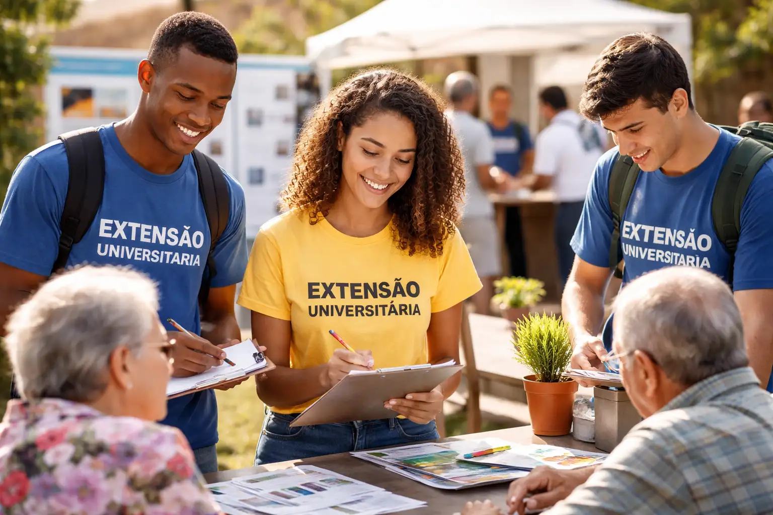 Estudantes universitários participam de ação de extensão com atendimento à comunidade em atividade ao ar livre.