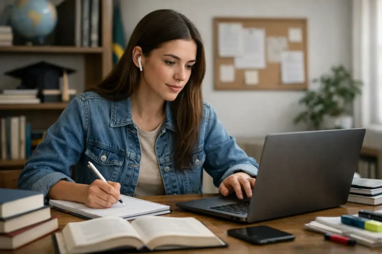 Estudante em casa acompanhando atividade acadêmica online com material de graduação sobre a mesa.