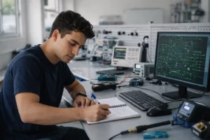 Estudante em ambiente de formação técnica com bancada de prática e materiais de estudo em escola profissional.