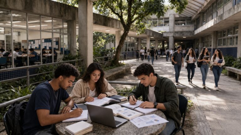 Estudantes em ambiente universitário público, representando a graduação em Administração Pública no Rio de Janeiro.