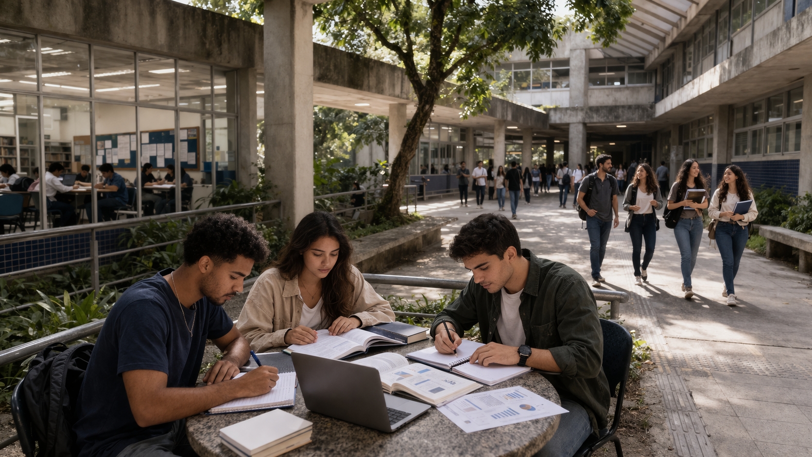 Estudantes em ambiente universitário público, representando a graduação em Administração Pública no Rio de Janeiro.