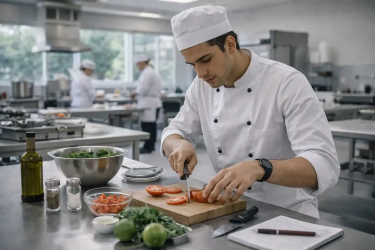 Estudante em cozinha pedagógica de instituição pública, representando formação superior em Gastronomia no Rio de Janeiro.