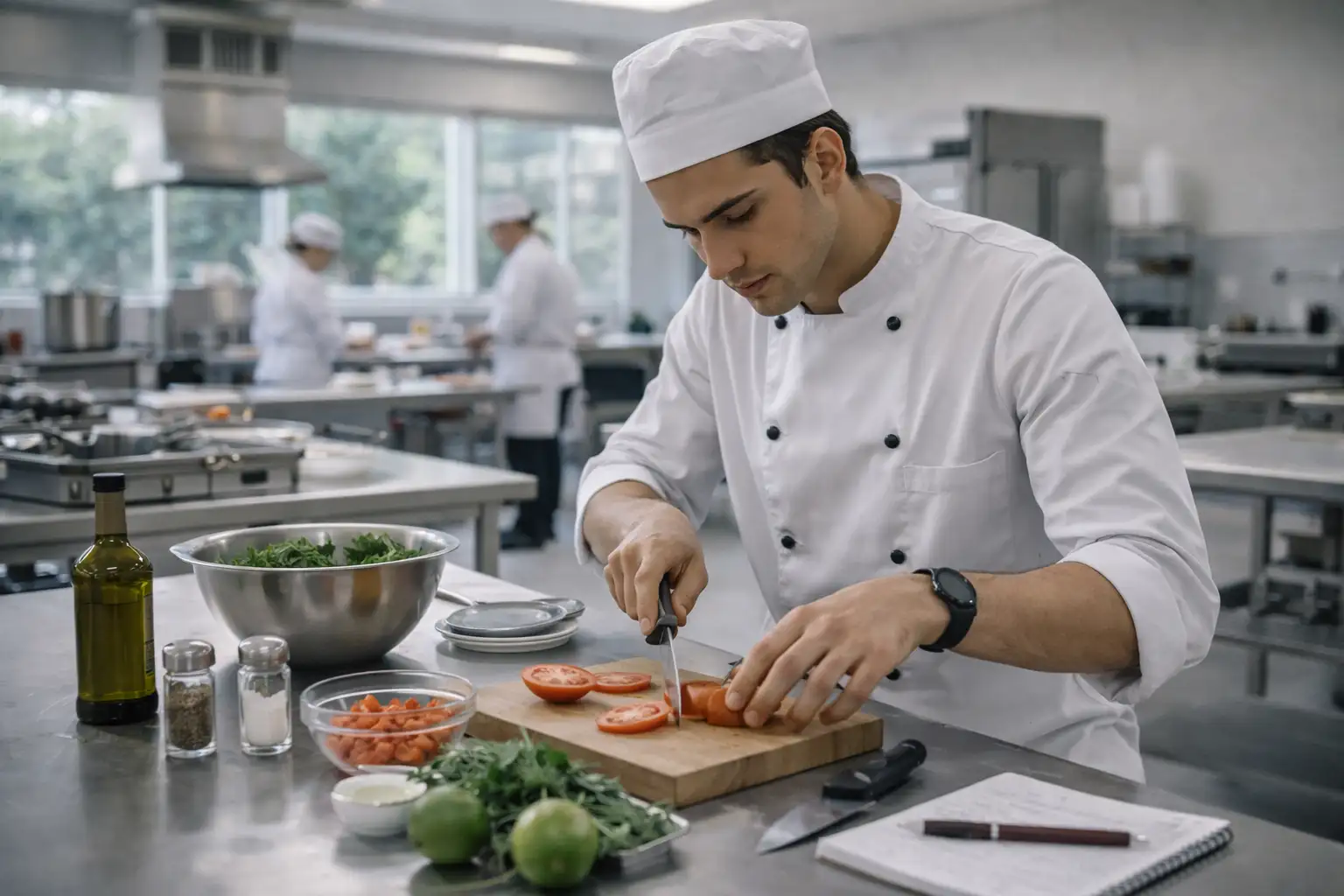 Estudante em cozinha pedagógica de instituição pública, representando formação superior em Gastronomia no Rio de Janeiro.