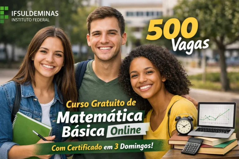 IFSULDEMINAS abre 500 vagas em curso gratuito de Matemática Básica totalmente online com certificado e aulas intensivas em três domingos para estudantes do fundamental, ensino médio e graduação