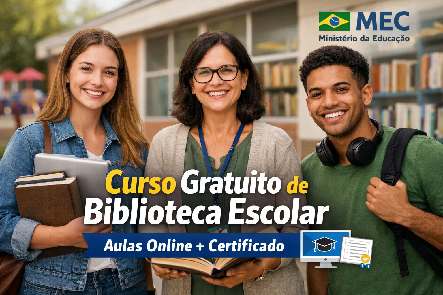 MEC libera curso de biblioteca escolar gratuito com certificado e aulas online para quem quer trabalhar em escolas e melhorar o currículo sem pagar nada pela qualificação profissional