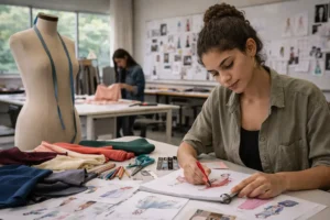 Estudante em ambiente universitário público de criação visual e vestuário, representando formação superior ligada à moda no Rio de Janeiro.
