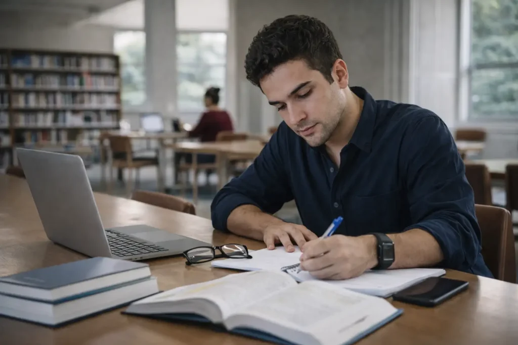 Estudante em ambiente universitário de estudo avançado, representando a ideia de pós-graduação em contexto acadêmico brasileiro.
