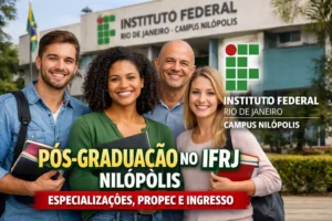 Estudantes em ambiente acadêmico avançado, representando a pós-graduação no IFRJ Nilópolis.