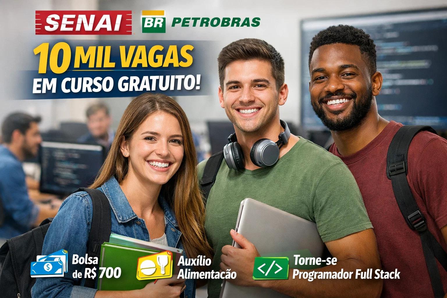 SENAI e Petrobras convocam interessados para 10 mil vagas em curso gratuito de tecnologia com bolsa mensal