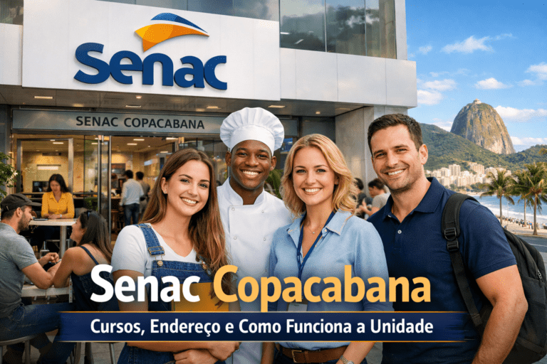 Estudantes em unidade educacional urbana, representando o Senac Copacabana no Rio de Janeiro.