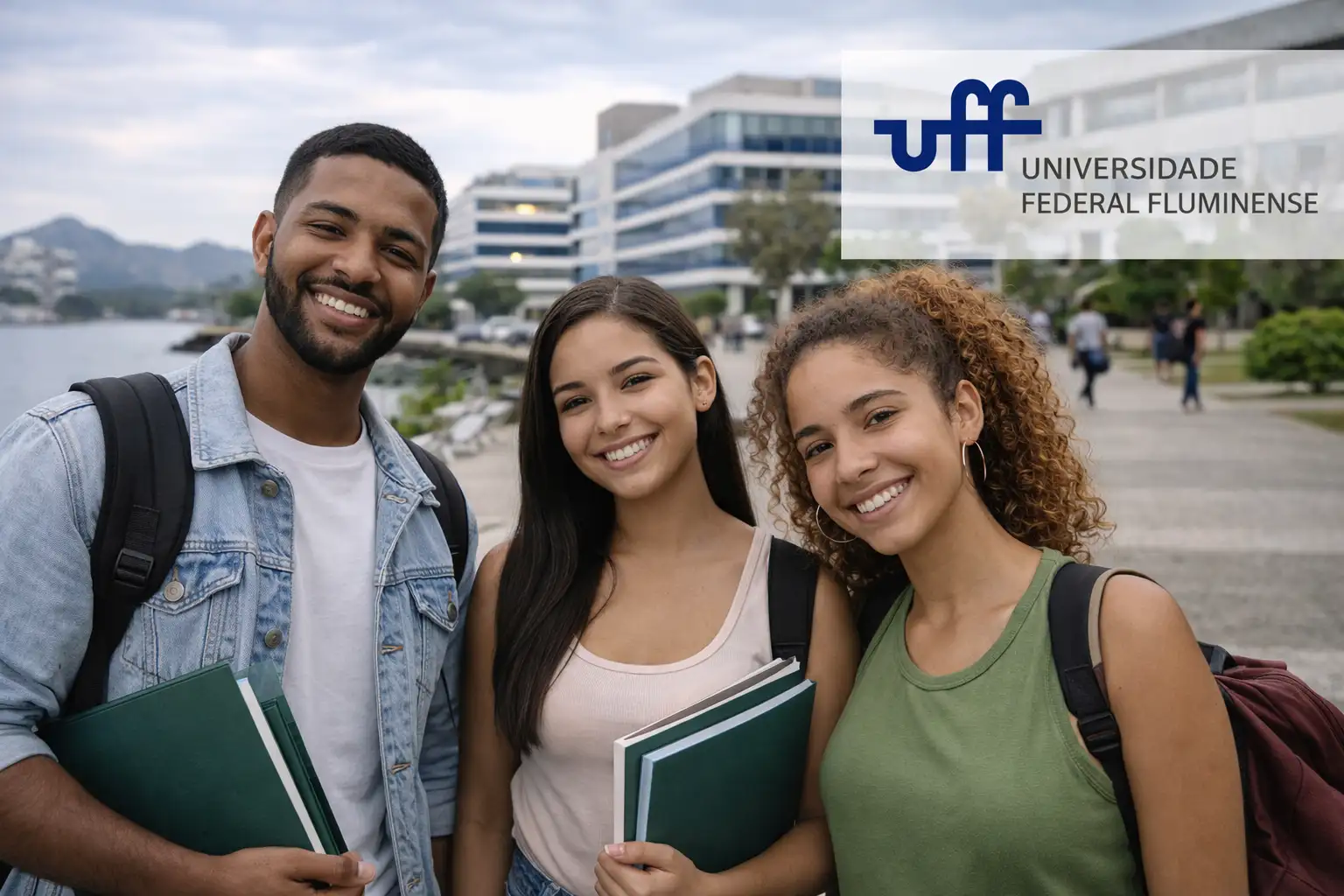 Estudantes em ambiente universitário público em Niterói, representando o Campus Gragoatá da UFF.