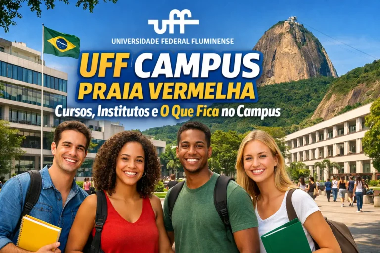 Estudantes em campus universitário público em Niterói, representando o Campus Praia Vermelha da UFF.