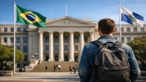 Estudante com mochila observa a fachada de uma universidade pública, em cena que representa o conceito de instituição estadual de ensino superior.