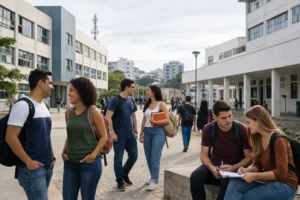 Estudantes em área externa de unidade pública de ensino superior em São Gonçalo, com ambiente universitário urbano e circulação acadêmica.
