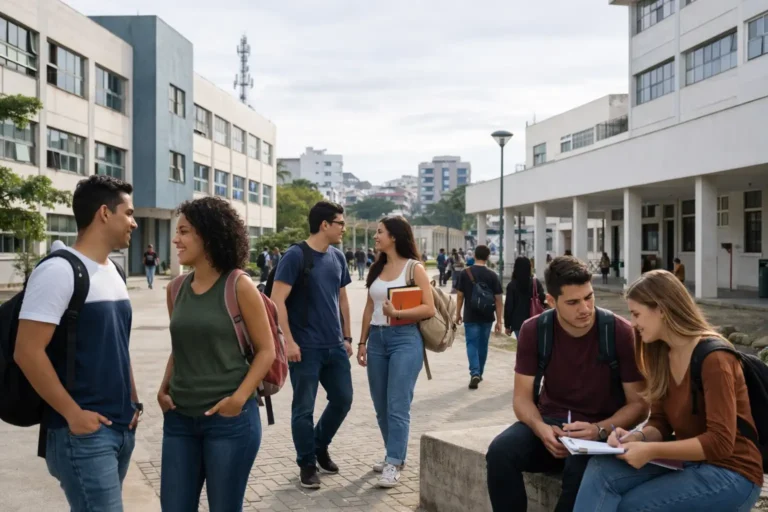 Estudantes em área externa de unidade pública de ensino superior em São Gonçalo, com ambiente universitário urbano e circulação acadêmica.
