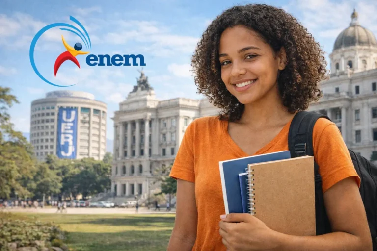 Estudante consultando informações de ingresso em frente a universidade pública no Rio de Janeiro.