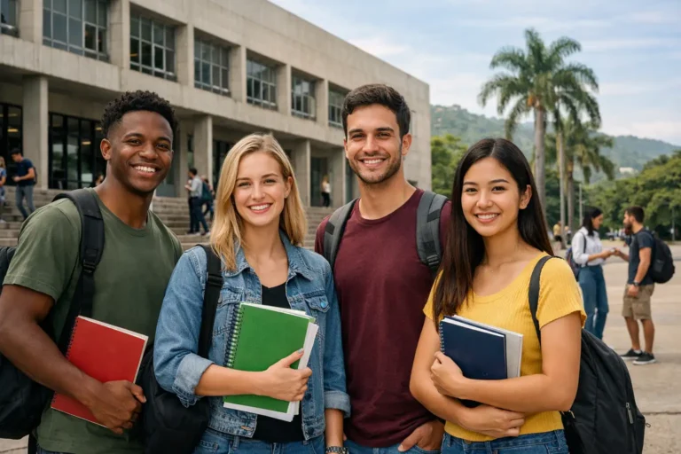 Estudantes em campus universitário público do Rio de Janeiro em cena que representa as universidades estaduais do estado.