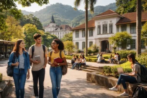 Estudantes em ambiente externo de instituição pública de ensino superior em Petrópolis.