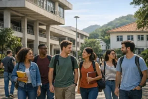 Estudantes em área externa de campus universitário público no Rio de Janeiro, com prédios acadêmicos ao fundo e clima de rotina universitária.