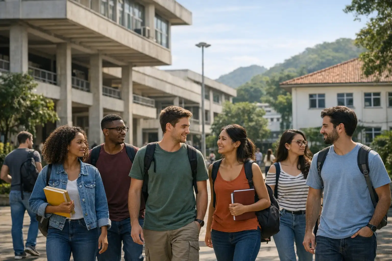 Estudantes em área externa de campus universitário público no Rio de Janeiro, com prédios acadêmicos ao fundo e clima de rotina universitária.