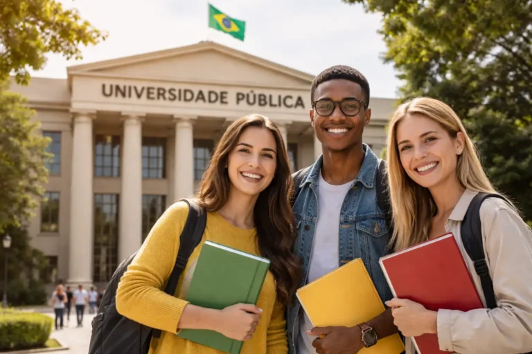 Estudantes em frente a um prédio acadêmico representam o acesso ao ensino superior mantido pelo poder público no Brasil.