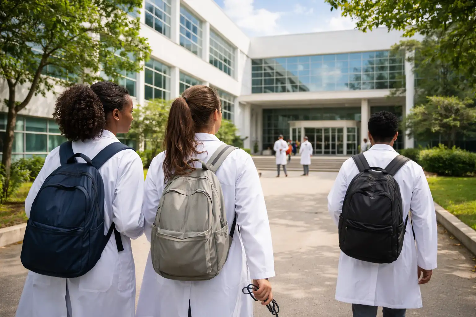 Estudantes de Enfermagem com jalecos caminham em direção a um prédio universitário, em cena que representa a busca por formação pública na área da saúde no Rio de Janeiro.
