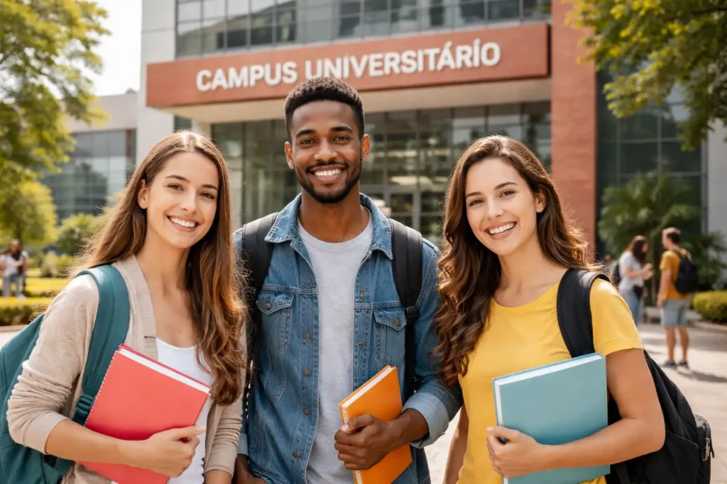 Estudantes em frente a uma unidade acadêmica, representando o ambiente físico onde funcionam aulas, serviços e atividades de um campus universitário.